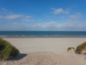 A beach with a clear sky, sandy shore, and grassy dunes. - DuinZilver A by Interhome (Renesse)