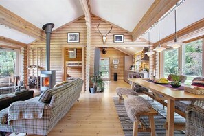A log cabin interior with a fireplace, wooden furniture, and a view of the outdoors. - Log cabin near Mariager Fjord (Hadsund)