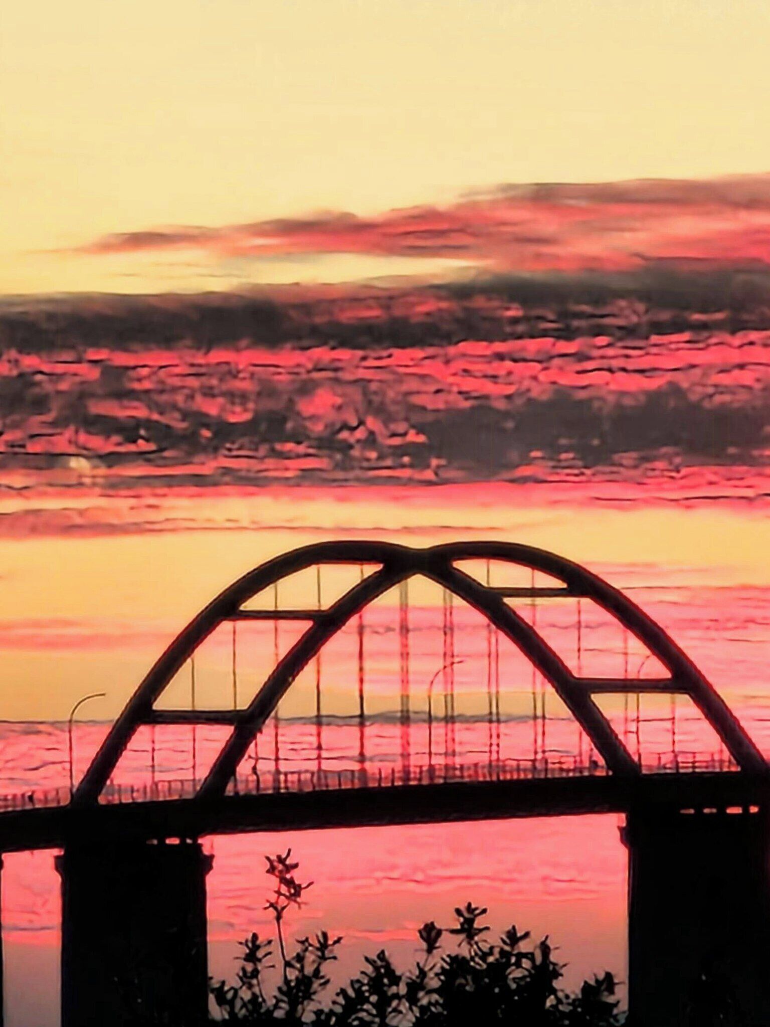 A bridge with a symmetrical arch design.