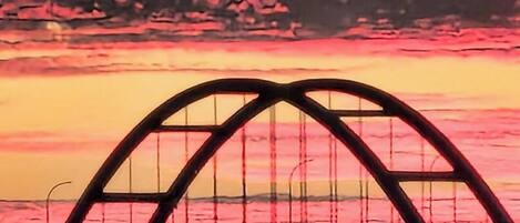A bridge with a symmetrical arch design.