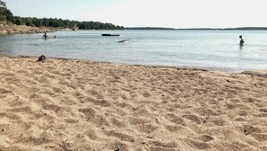 Una playa con arena, agua y una costa lejana.