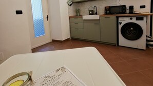 Une cuisine équipée d’un lave-linge, d’un four à micro-ondes et d’un évier.