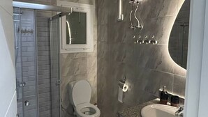 Een badkamer met een douchecabine van glas, een toilet, een wastafel met een marmeren blad en een grote spiegel.