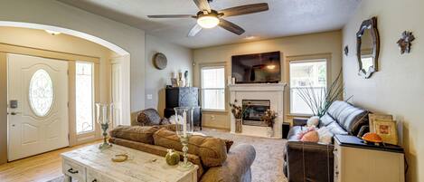 TV, fireplace, DVD player, video library