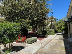 A narrow street with trees and a red pathway. - Ambassador Promenade! (Nice)