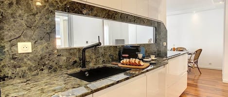 Fridge, microwave, oven, dishwasher
