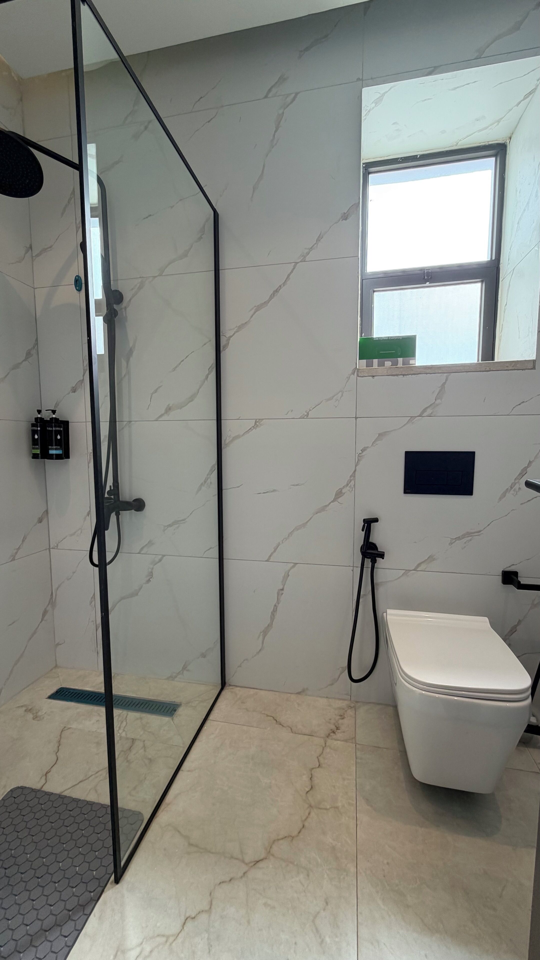 A modern bathroom with a glass shower enclosure, a toilet, and a sink.