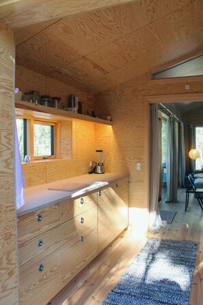 A wooden interior with a kitchen counter, drawers, a window, and a door leading to another room. - Architect-designed house surrounded by nature (Vig)