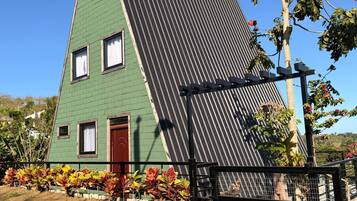 Een gebouw met een groen dak, een driehoekige vorm, een rode deur en een zwart hek.