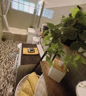 Secadora de cabello, toallas, jabón, papel de baño 