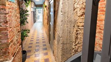 A narrow corridor with brick walls, a checkered floor, and hanging plants.