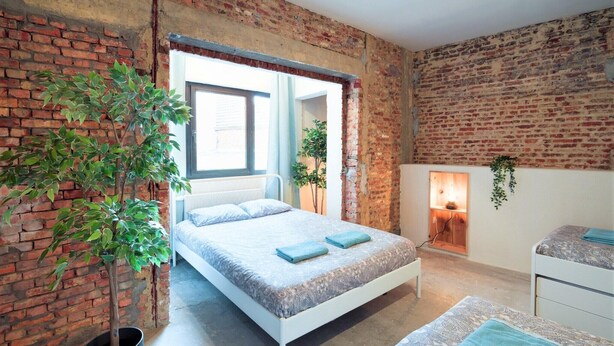 A room with a bed, a potted plant, a fireplace, and a brick wall. - The Industrial Apartments|2BBK|wifi|NS (Antwerp)