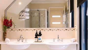 Hair dryer, towels, soap, shampoo