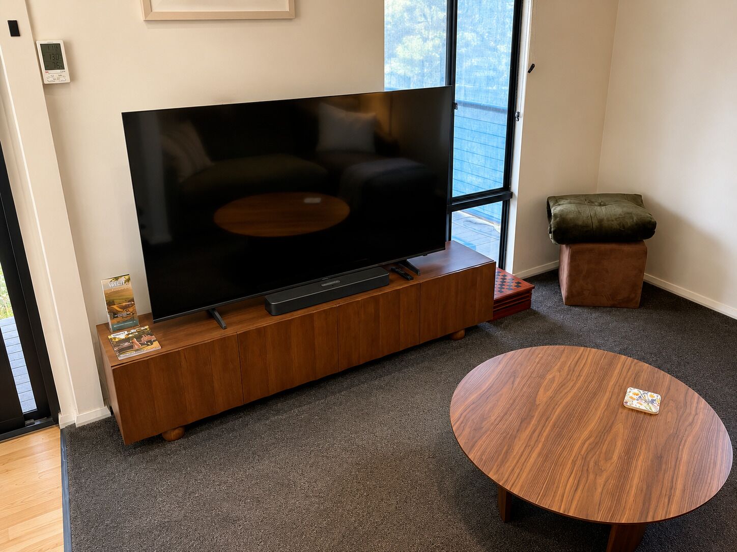 Smart TV, fireplace, books