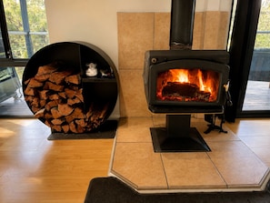 Un poêle à bois avec un foyer, un espace de rangement pour le bois et une fenêtre offrant une vue agréable.