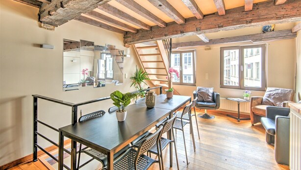 Comedor con mesa de madera, sillas y plantas en macetas.