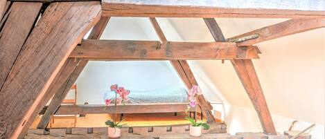 Estructura de techo de madera con tragaluces, plantas en macetas y vista al cielo.