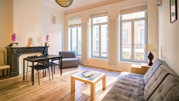 A living room with a fireplace, a sofa, a coffee table, and a dining table with chairs. - 2-bedroom apartment in Antwerp Centre (Antwerp)