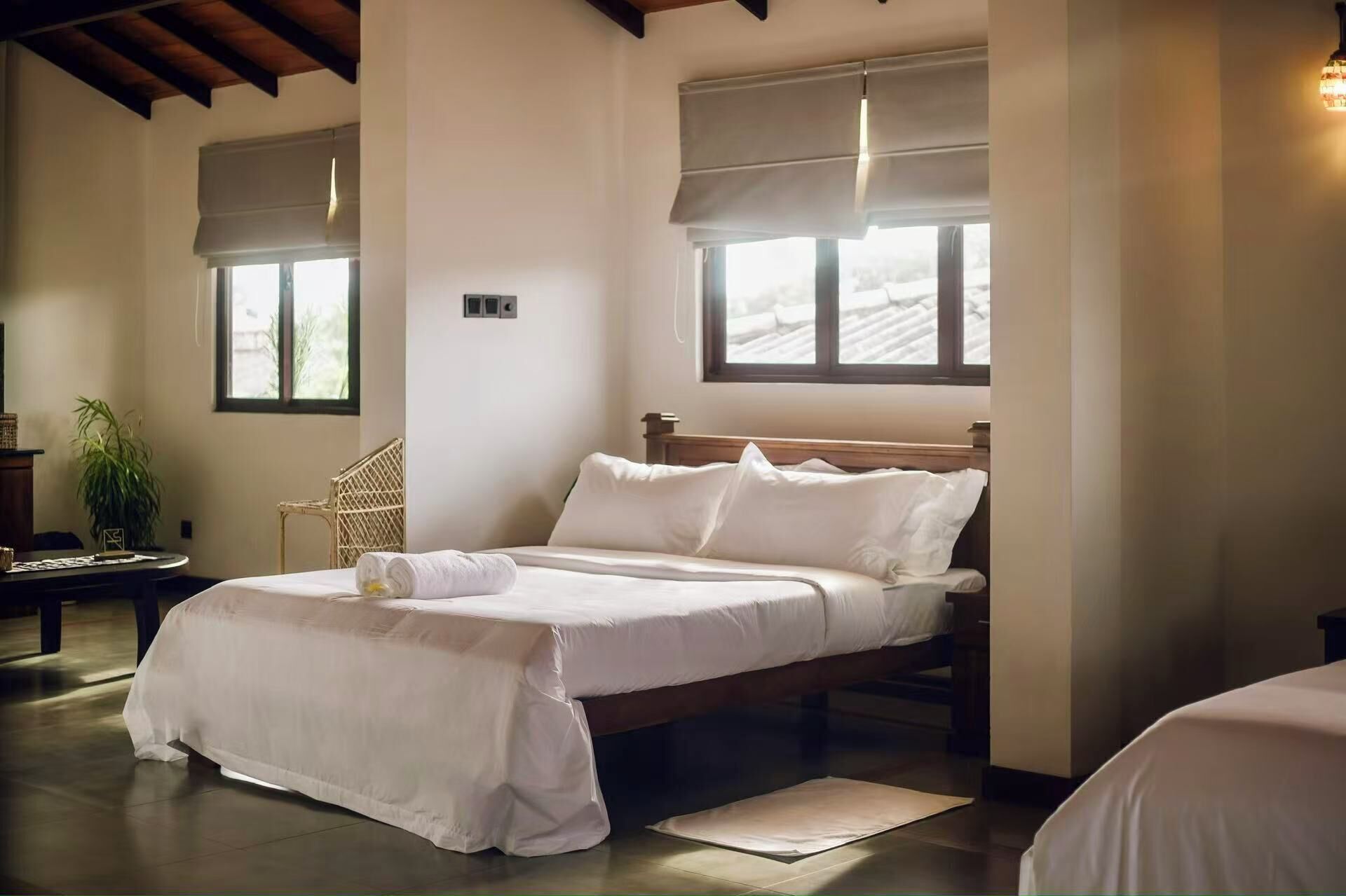 A neatly made bed with a wooden headboard, a small bedside table, a potted plant, and a window with a view.