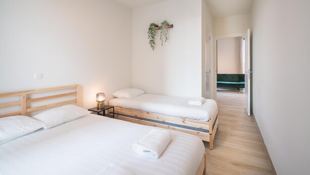 Ein Schlafzimmer mit zwei Betten, einem Nachttisch mit Lampe und einer hängenden Pflanze.