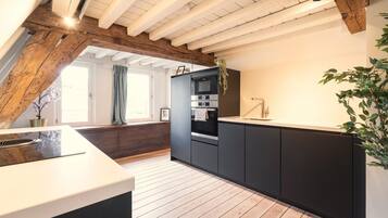 Frigorífico, microondas, horno y placa de cocina