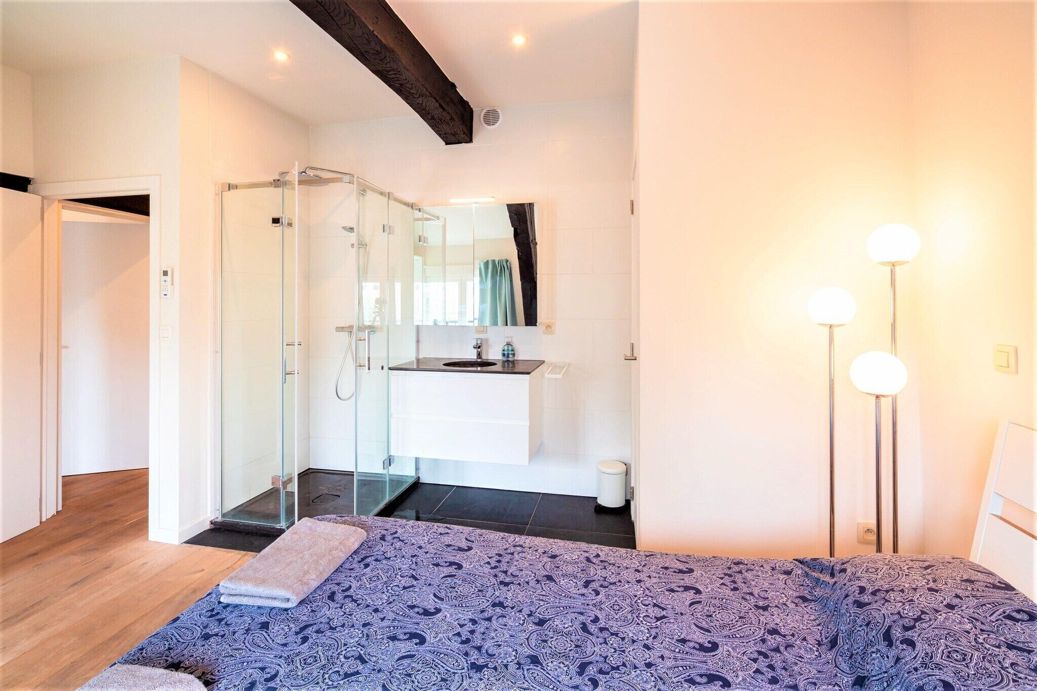 Une salle de bain moderne avec une douche à l’italienne en verre, un lavabo blanc et un miroir au-dessus.