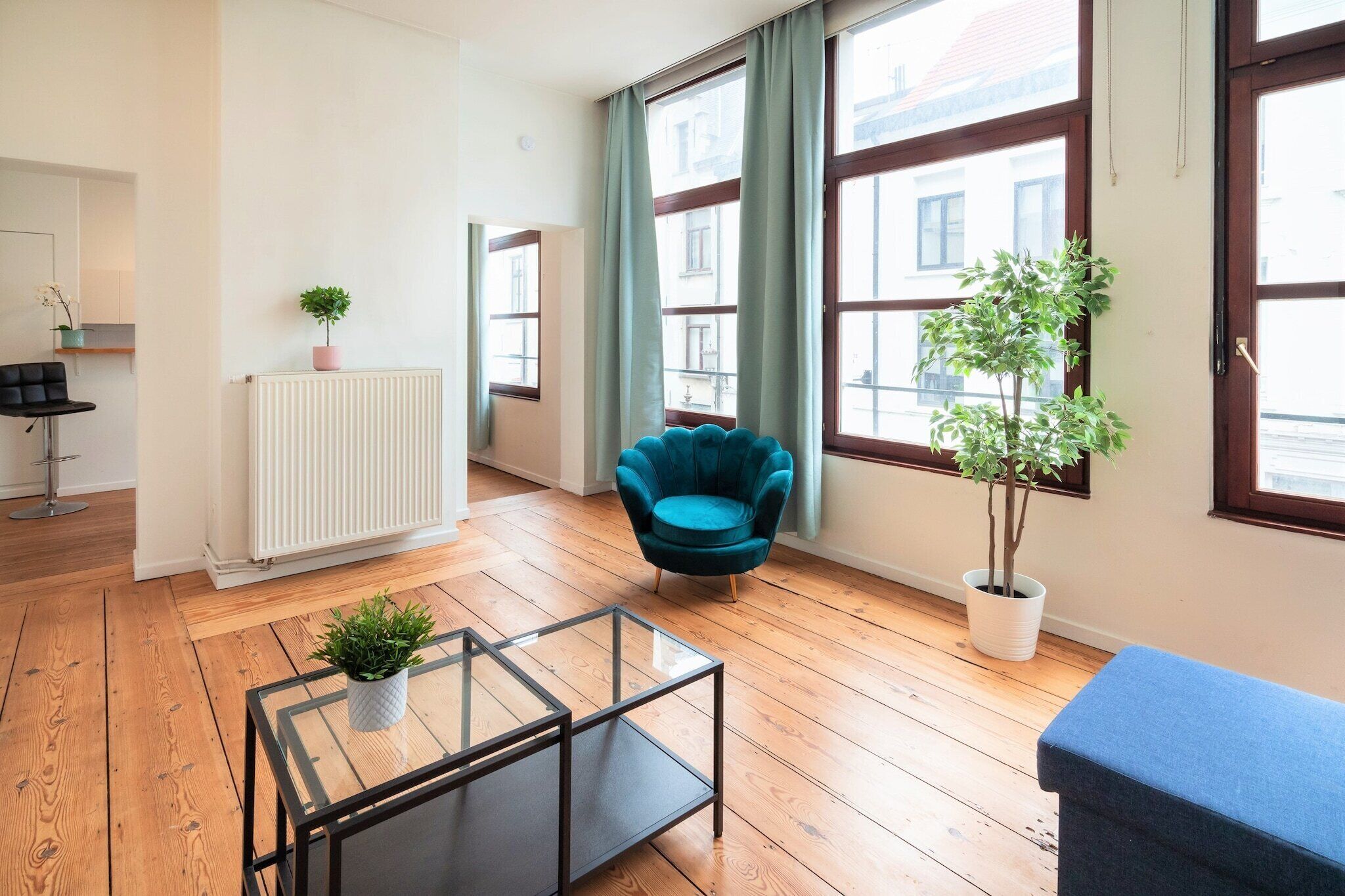 Un salon moderne avec une table basse en verre, un fauteuil turquoise et une plante en pot.