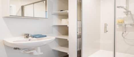 Shower, hair dryer, towels