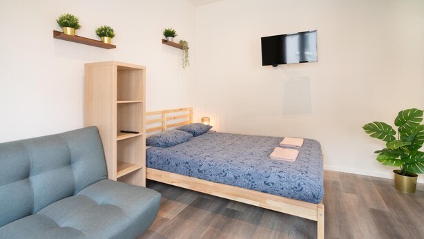 Um quarto com uma cama, um sofá, uma televisão e uma estante de livros.