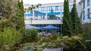 A building with blue-framed windows, a courtyard with a pond, and outdoor seating.
