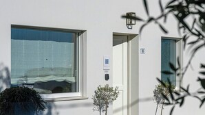 A building with a white exterior, two windows, a door, and two potted plants.