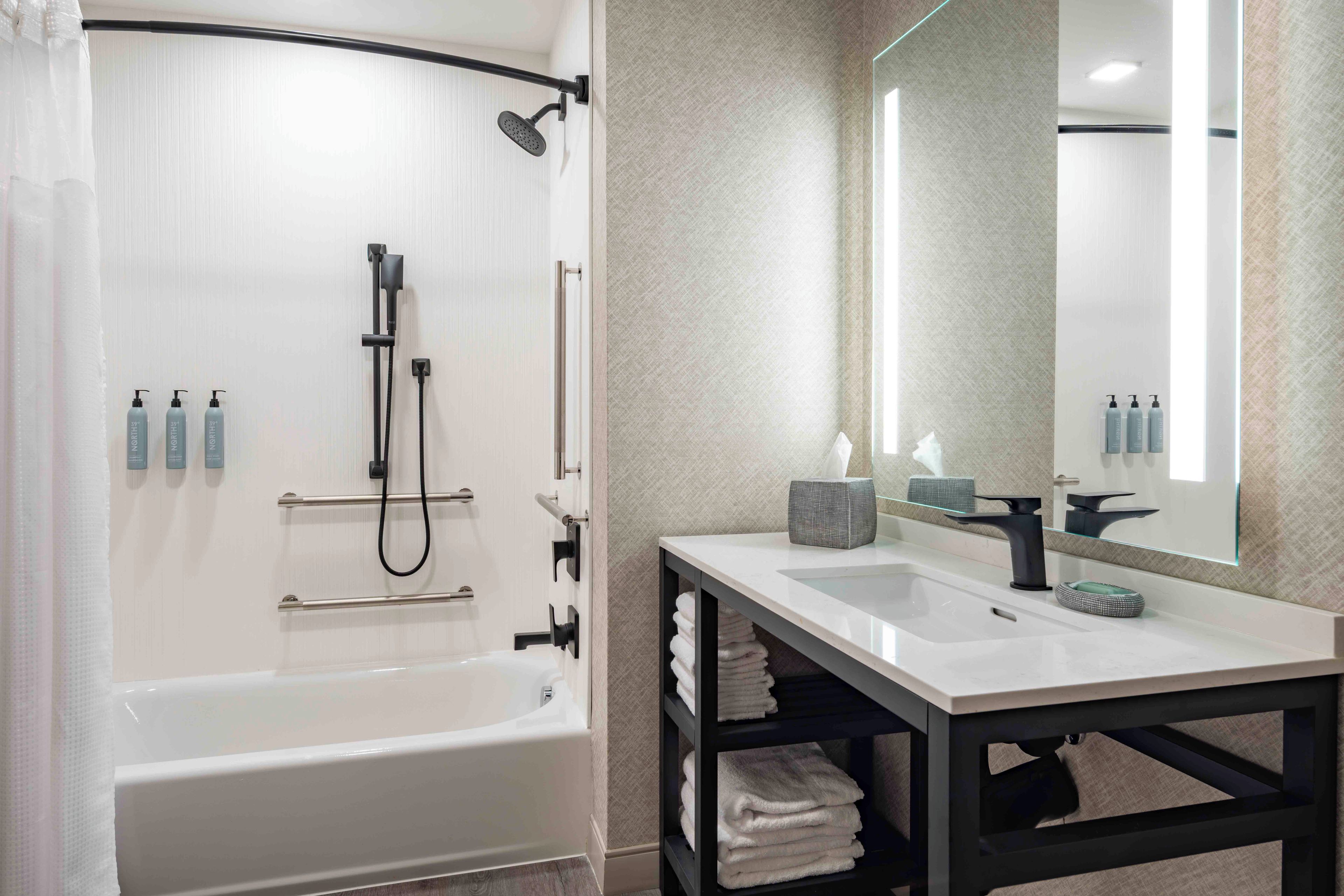 A modern bathroom with a bathtub, a shower, and a vanity with a mirror.