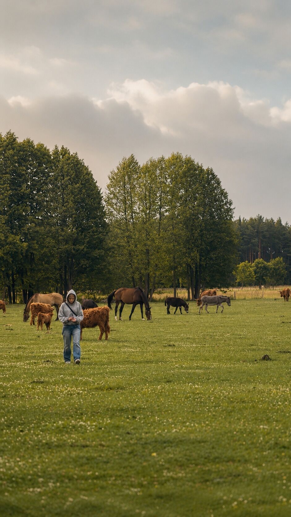 A person walking in a grassy field with cows and trees in the background.