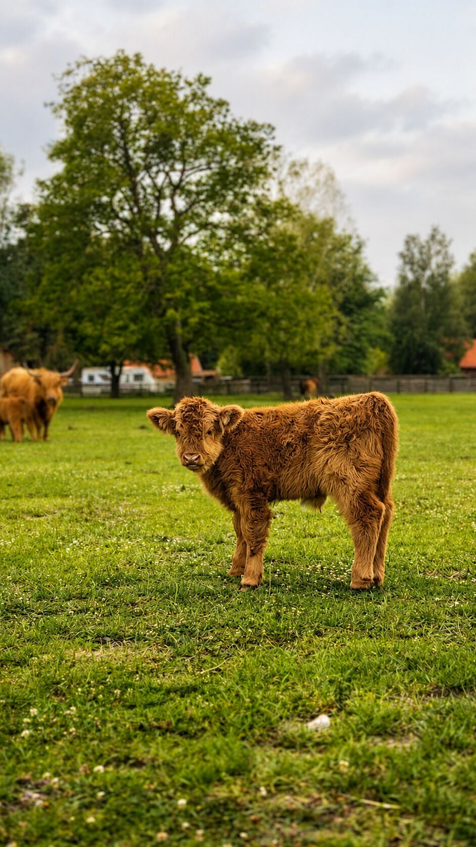 Un jeune veau se tient dans un champ herbeux, avec des arbres et une clôture en arrière-plan.