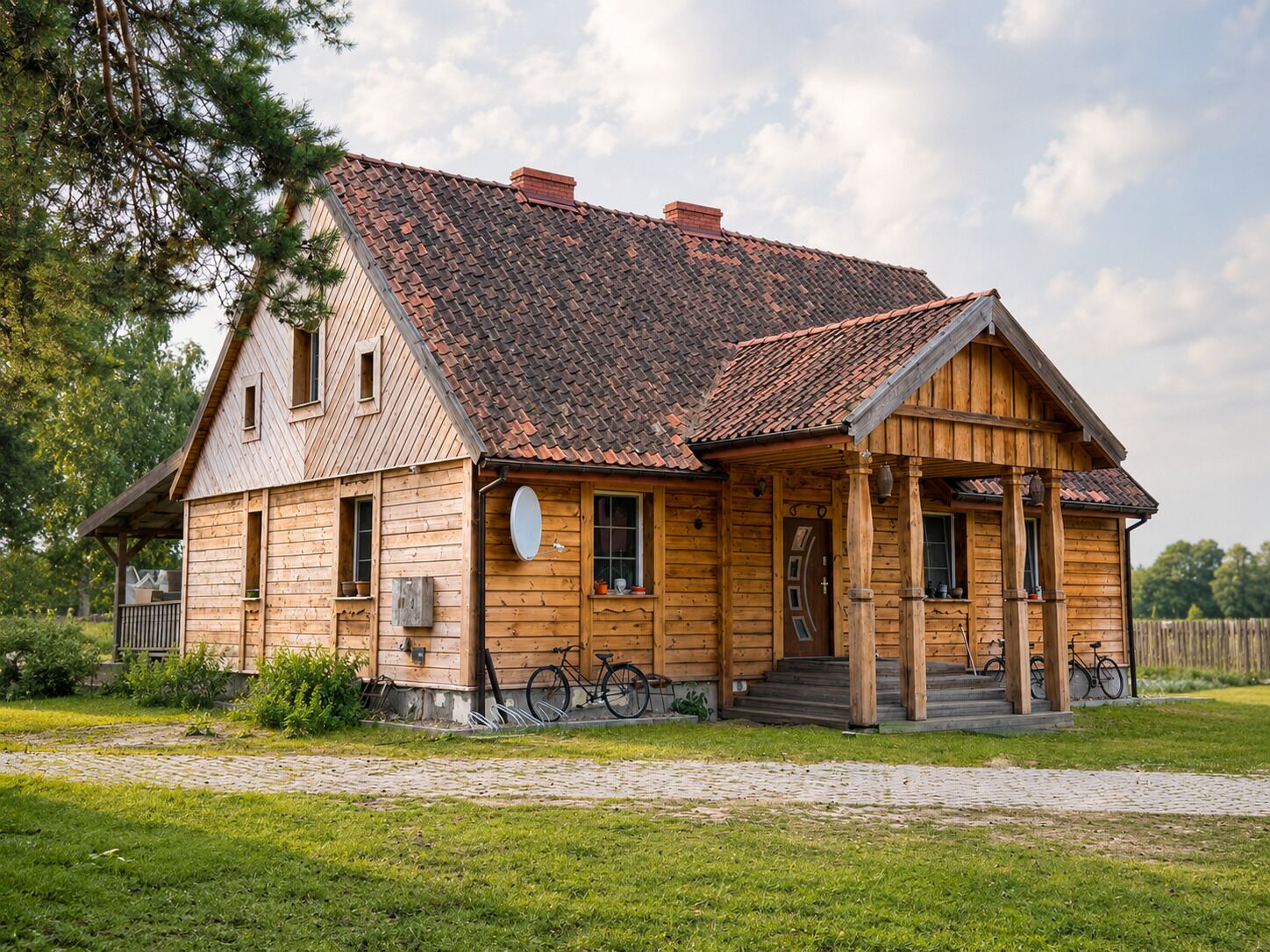 Una casa de fusta amb teulada de rajola, un porxo i una bicicleta aparcada a l'exterior.