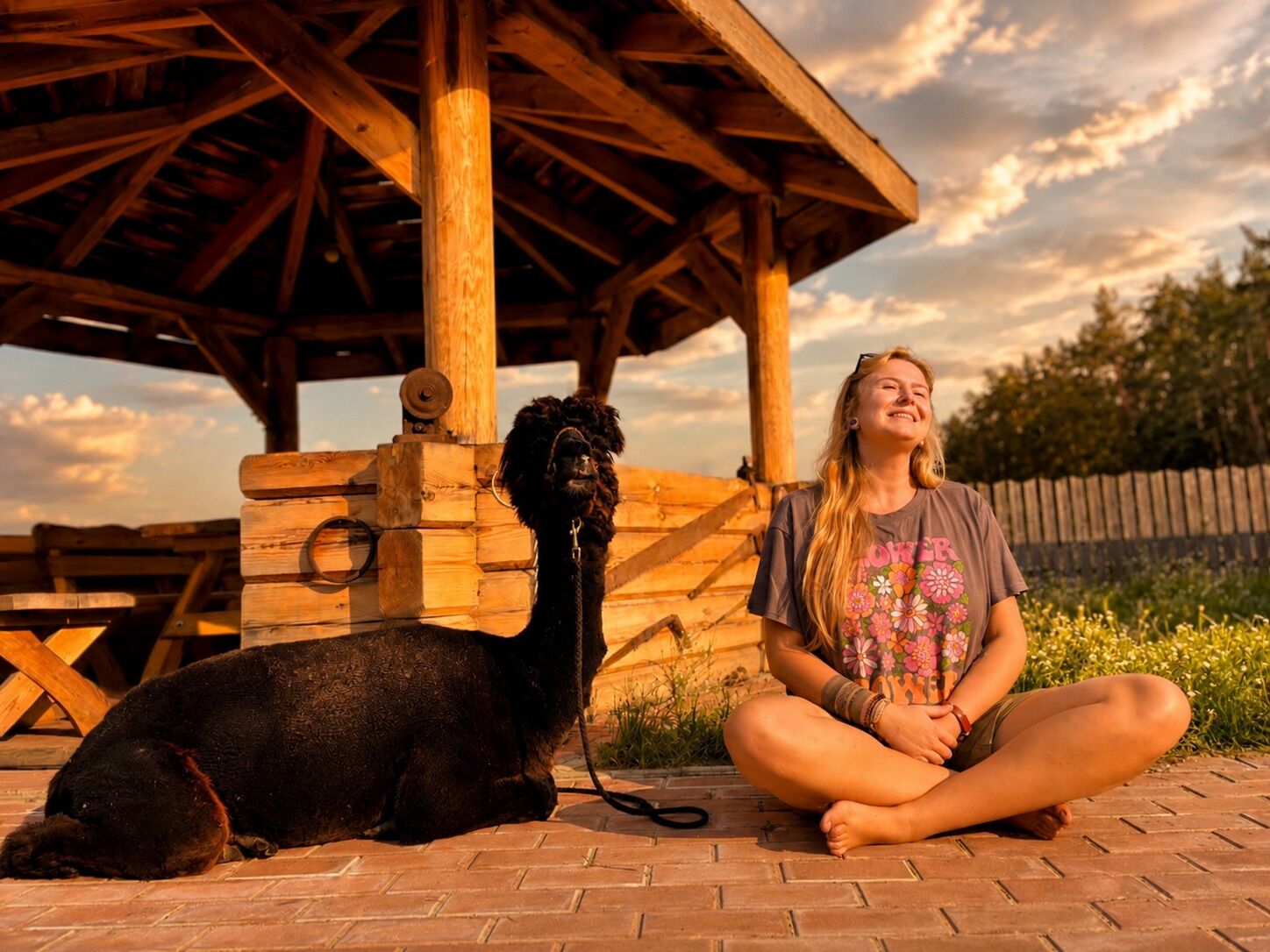A person sitting cross-legged on a brick surface with a dog lying beside them, under a wooden structure with a sloped roof.