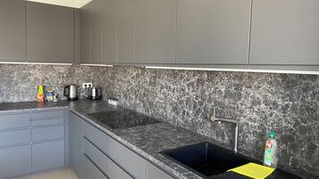Penthouse, Balcony | Private kitchen | Full-sized fridge, microwave, oven, stovetop