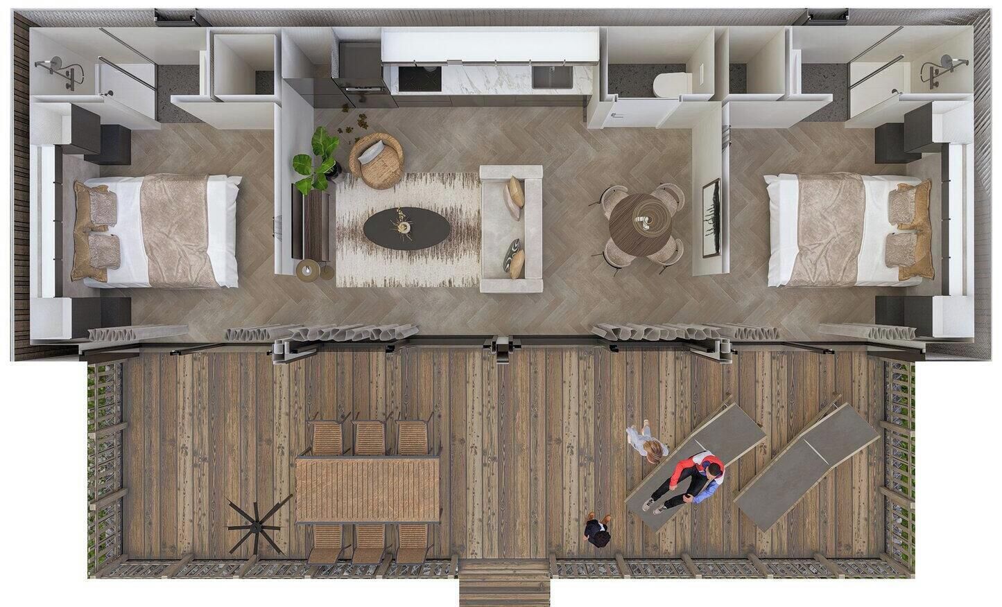 Un plan d’aménagement de chambre d’hôtel comprenant un lit, un coin salon et un balcon avec vue.
