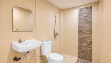 Shower, free toiletries, towels, soap