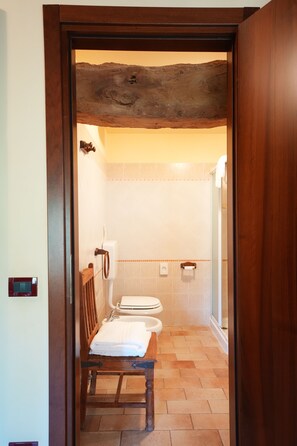Shower, free toiletries, hair dryer, towels
