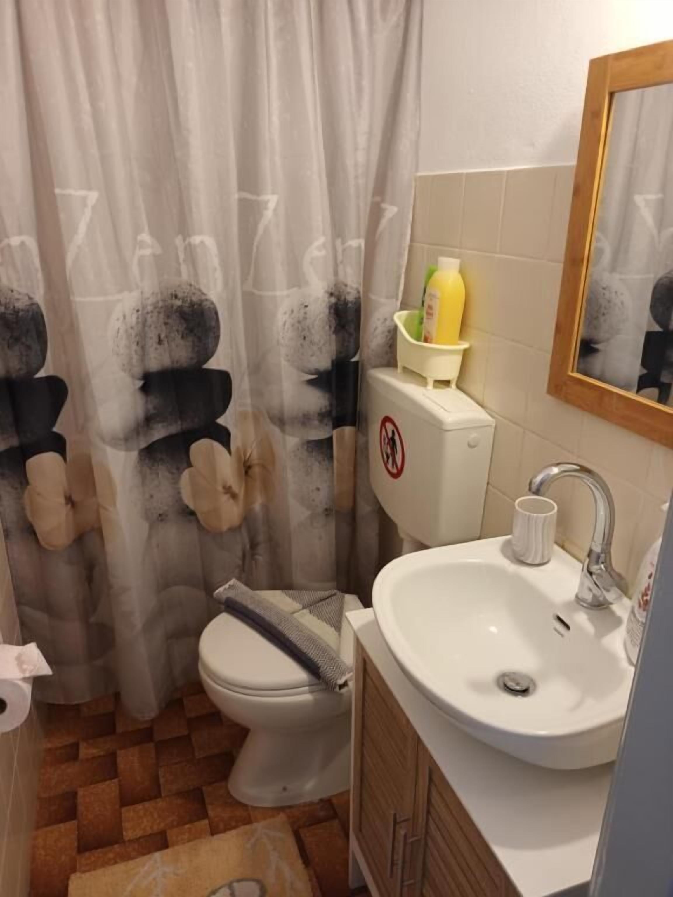 A bathroom with a toilet, sink, and shower curtain.
