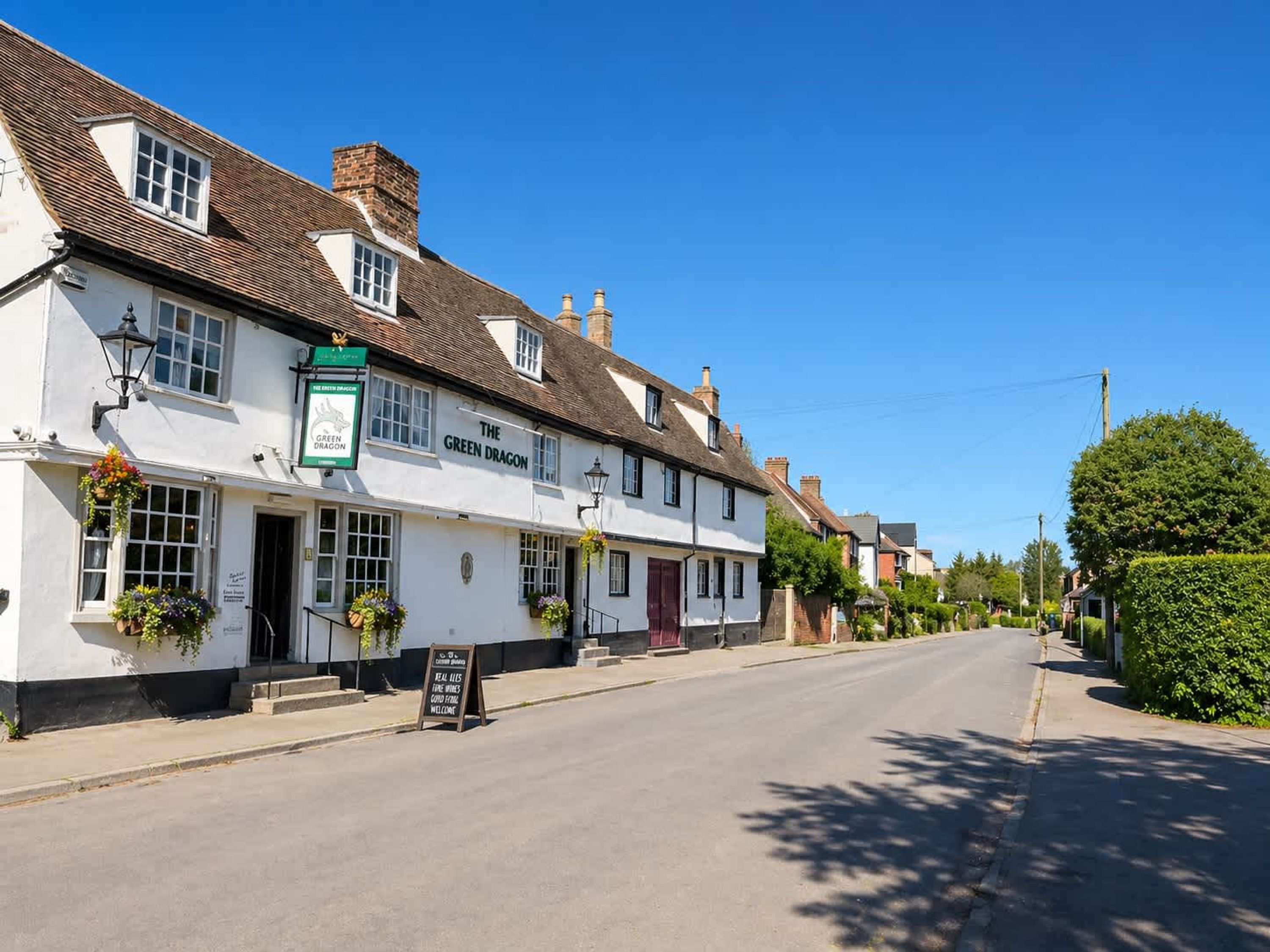 A traditional white building with a sign reading 'The Green Dragon' and a signboard outside.