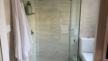 Shower, eco-friendly toiletries, hair dryer, towels