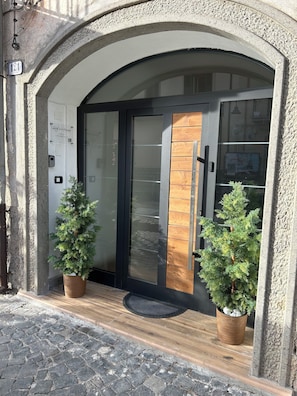 A building entrance with a stone archway, a glass door, and two potted plants.