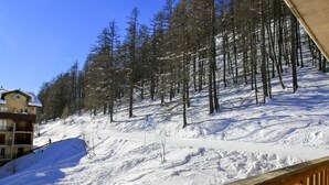 A snowy slope with a wooden railing, a building with balconies, and a forested hillside. - Family Apartment in La Foux D'allos (Allos)