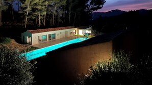 Et moderne hus med swimmingpool, omgivet af træer og bakker.