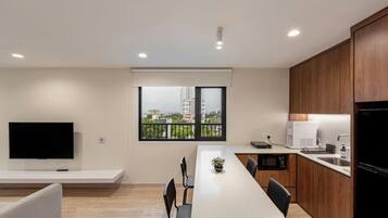 Fridge, microwave, stovetop, highchair