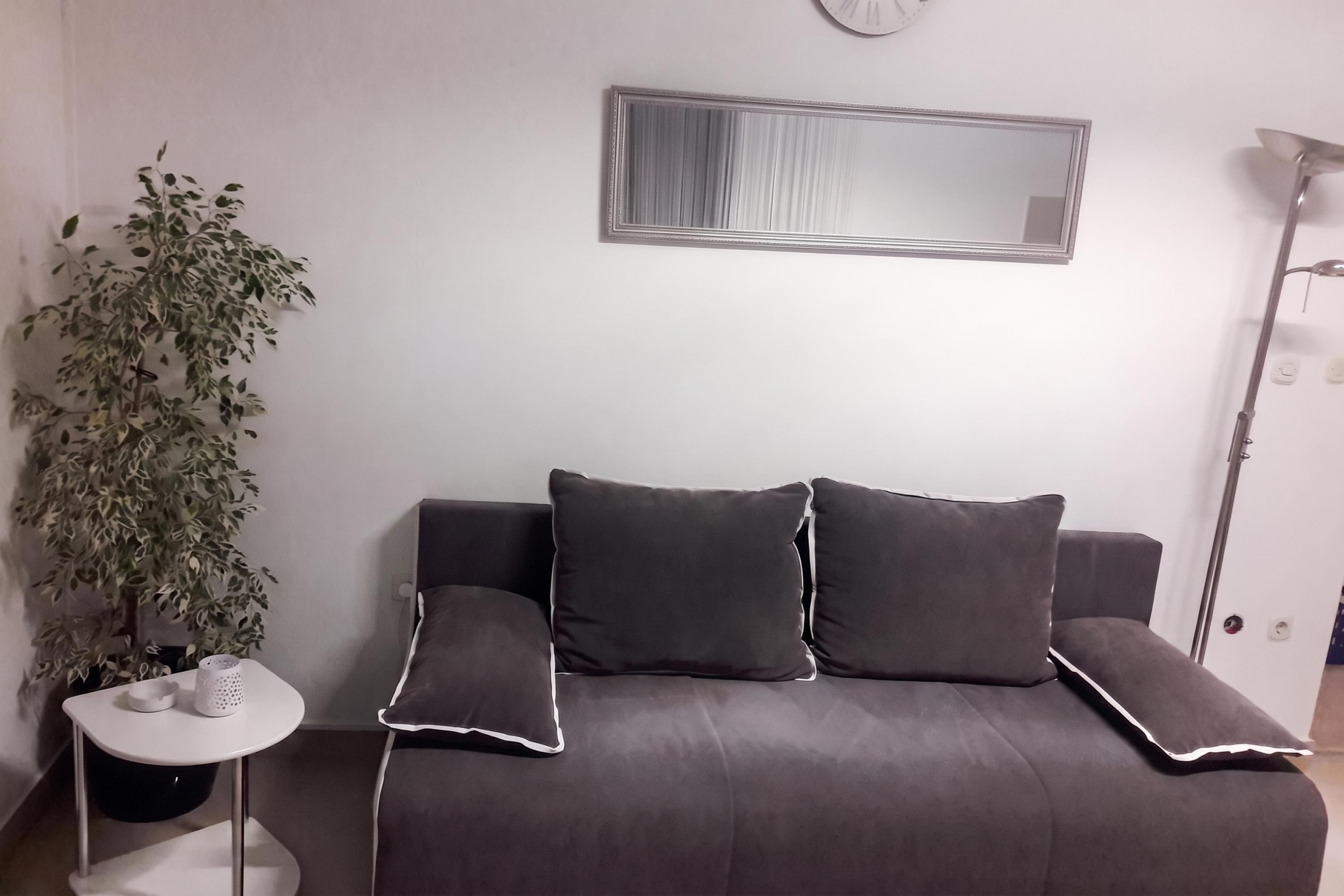 Una camera da letto moderna con un divano grigio, due cuscini, un piccolo tavolino, una pianta in vaso e uno specchio a parete.