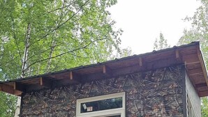 A rustic cabin with a single window, surrounded by dense foliage.