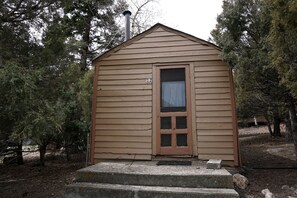 Una pequeña cabaña de madera de un piso, con puerta y ventana, rodeada de árboles.